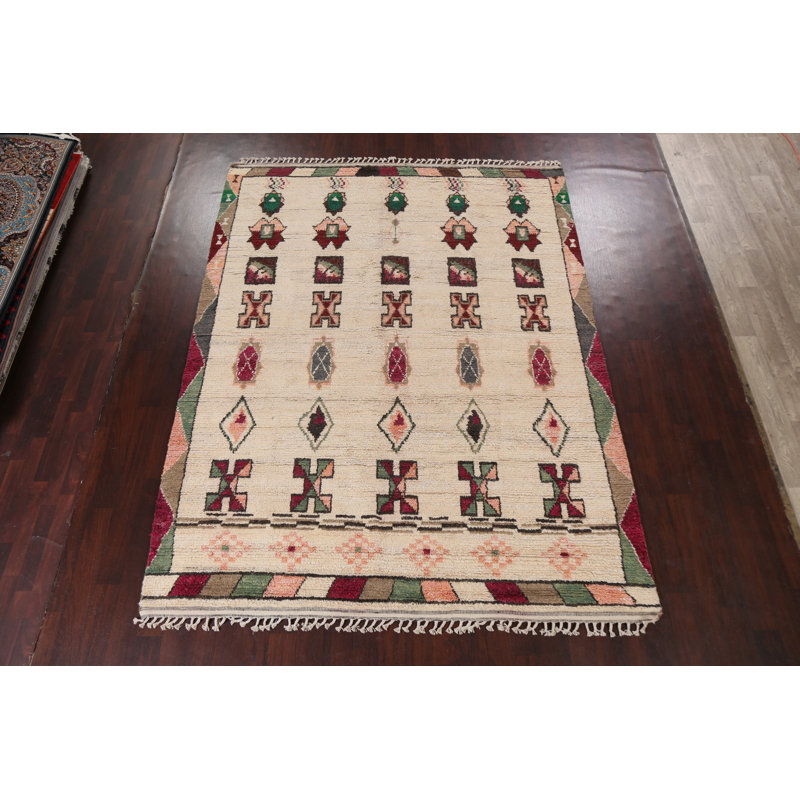 Tapis beige en laine noué à la main de conception unique 8 pi 2 po x 10 pi 9 po marocain