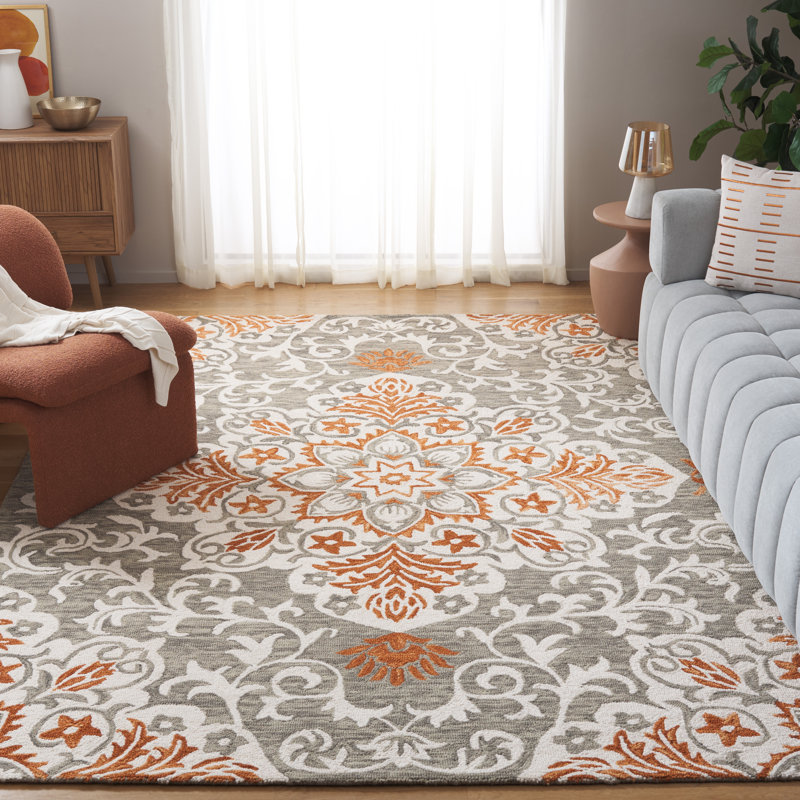 Oltiana Hand Tufted Wool/Cotton Floral Rug in Rust/White/Gray, Rectangle 8' x 10'