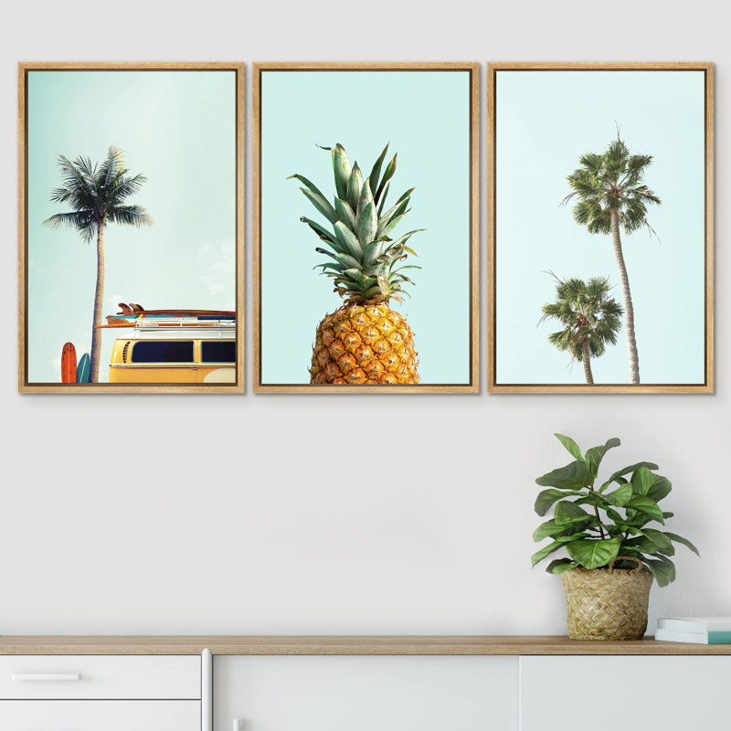 Beach And Plants " Retro Surfboard Van Tropical Island Pineapple Coastal Nautical Photography Modern Art Decor " 3 - Pieces