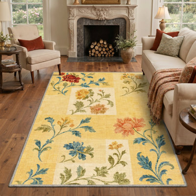 Tapis jaune / ivoire lavable à la machine avec envers antidérapant