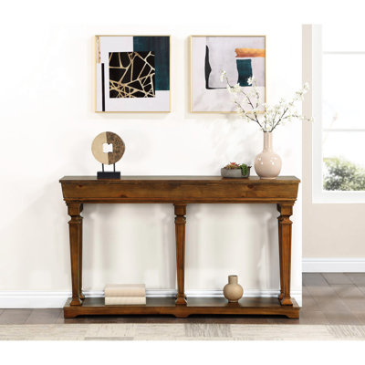 Oak Finish Console Table With Tapered Legs And Spacious Base Shelf Square Leg Design Under