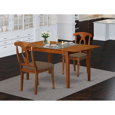 3 Piece Kitchen Table Set Contains a Rectangle Dining Room Table with Butterfly Leaf and 2 Linen Fabric Upholstered Dining Chairs, 32x60 Inch, Saddle Brown