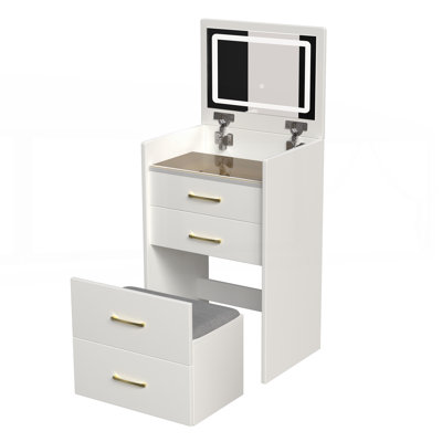 Meuble-lavabo 3 en 1 avec miroir ouvert, ensemble de meuble-lavabo compact avec plateau en verre et rangement spacieux, idéal pour les petites chambres