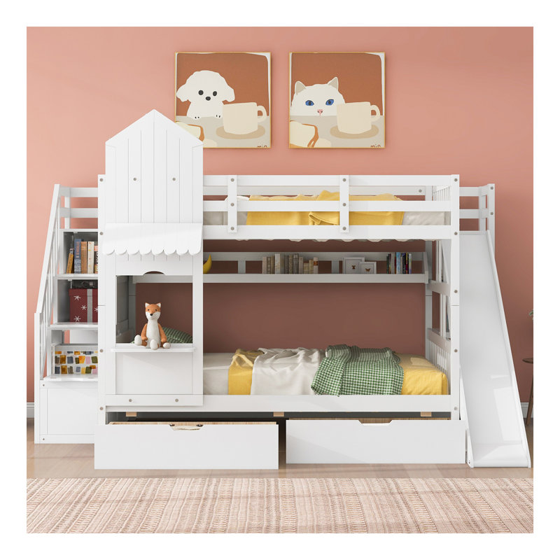Lit superposé de style château double avec 2 tiroirs, 3 tablettes et glissière - blanc
