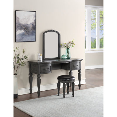 Meuble-lavabo classique gris antique avec miroir en bois et garniture cloutée rembourrée