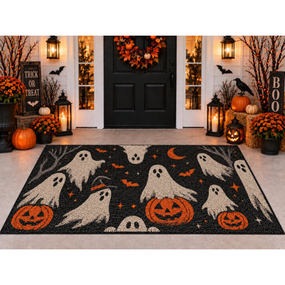Tapis d'extérieur 152 x 213 cm (5 pi x 7 pi) à motif fantôme d'Halloween, citrouilles et lune, imperméable, en PVC bouclé, résistant et à séchage rapide, idéal pour porche, terrasse, balcon ou entrée.