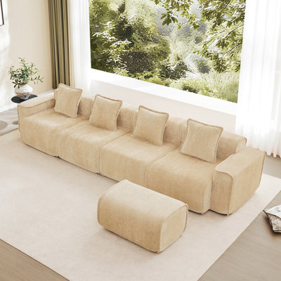 Canapé modulaire en forme de L à 4 places avec passepoil à bord franc, sans assemblage requis, tissu en velours