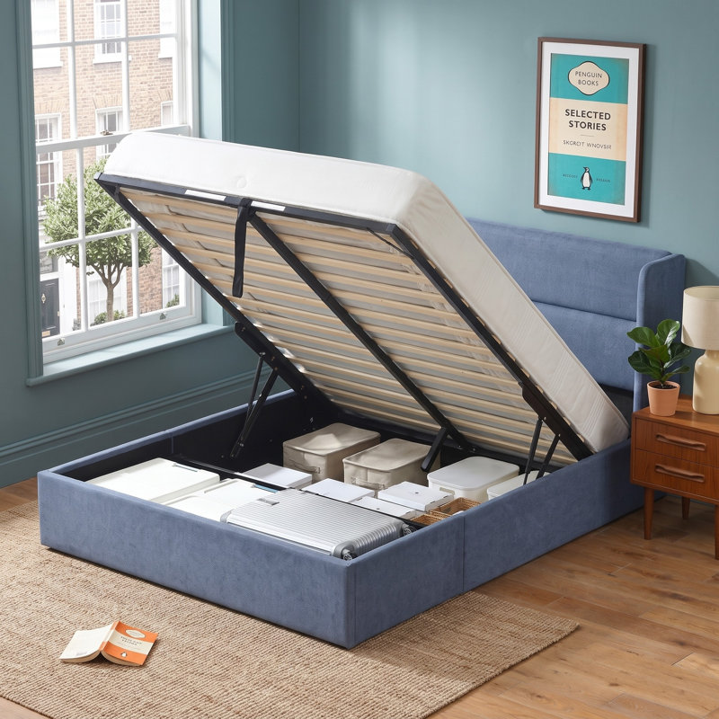 Lit plateforme tapissier avec rangement Gaillarde, Bleu brume grisâtre, Grand