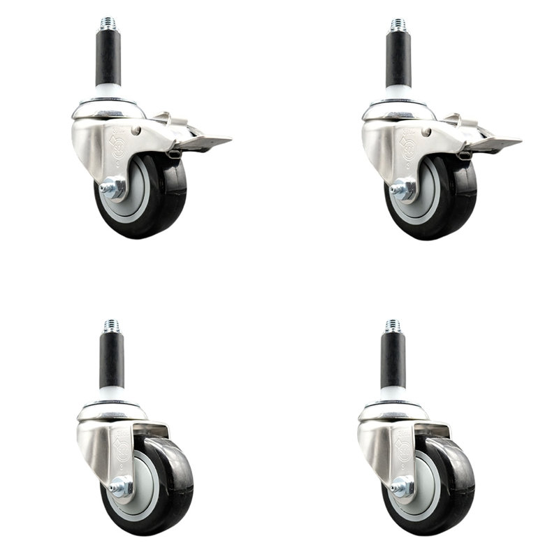 3.5 Inch_316SS_Polyurethane Swivel 7/8 Inch Stem Caster Set 2 Lock Brake, Black