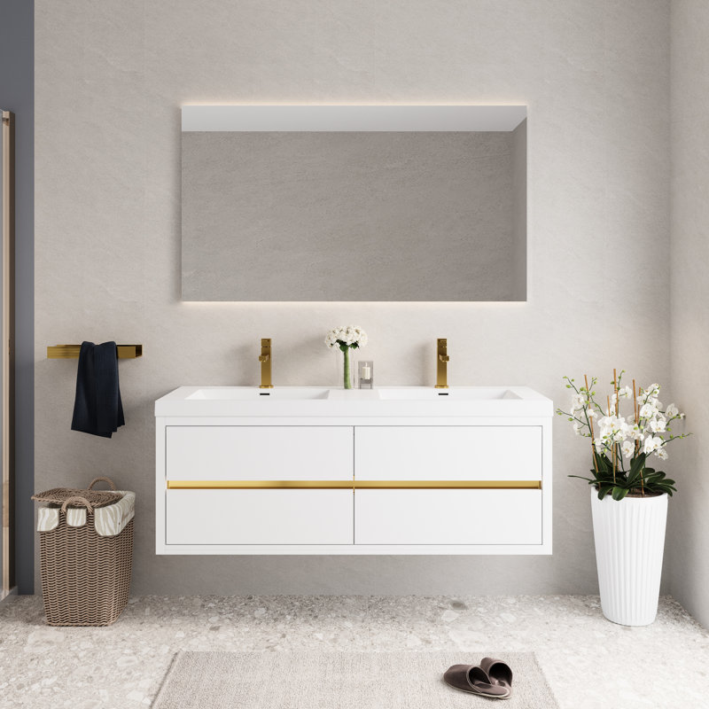 Meuble-lavabo flottant mural de 60 po, lavabo en résine en pierre blanc brillant, tiroirs à fermeture en douceur, pré-assemblé, rangement spacieux, meuble-lavabo en bois avec comptoir, entièrement blanc, bois d'eau, tracas
