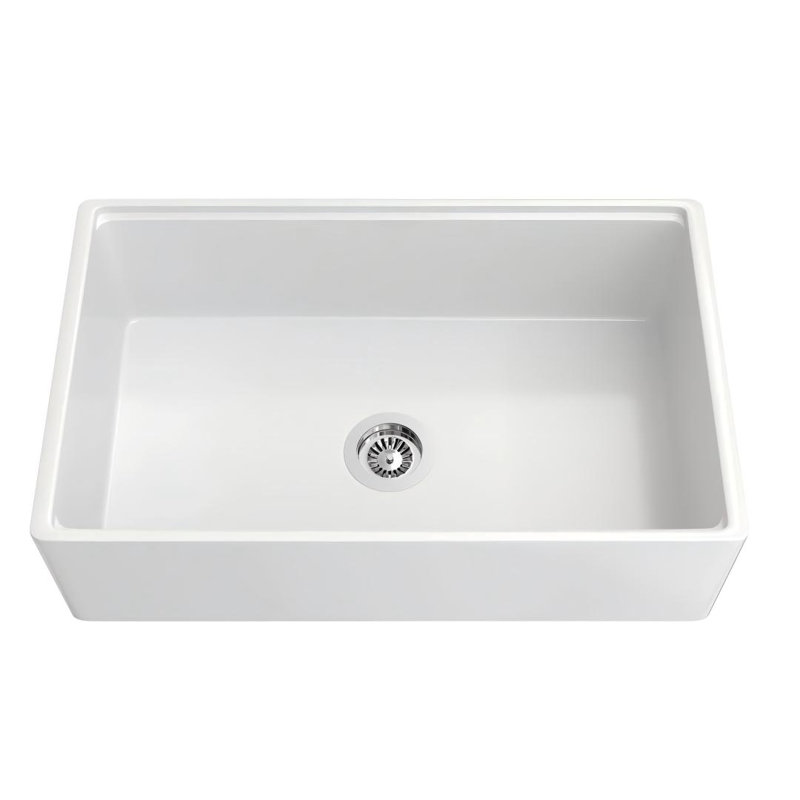 NOZLOO - L 33 po x l 20 po - Évier de cuisine en argile réfractaire, station de travail à cuve simple à tablier lisse avec planche à découper, blanc