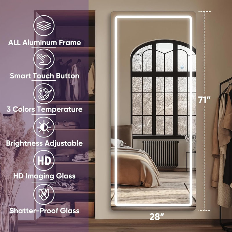 LED Full Length Mirror, 71" X 28" Oversized LED Mirror Full Length Lighted Floor Standing,Hanging Floor Mirror With Lighted Stand Free Standing For Bedroom,Livingroom,Rect Style