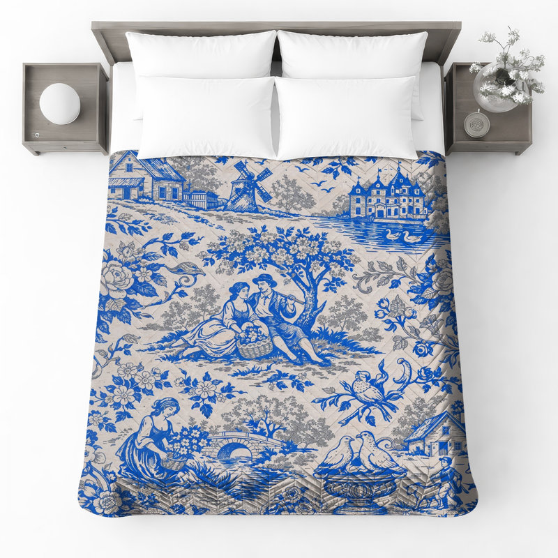 Couvre-lit matelassé à imprimé bleu Toile toutes tailles, Full / Double