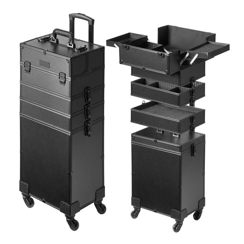 Professional Rolling Makeup Train Case with Adjustable Handle and Swivel Wheels, Large Aluminum Cosmetic Organizer with Detachable Compartments, Black