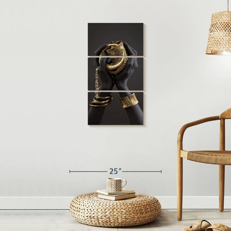 People, femme africaine, mains dorées sur toile, ensemble de 3 pièces, H 32 po x l 15 po x P 1,25 po