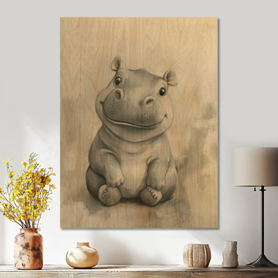 Little Hippo in Soft Light II - Gray Nursery Wooden Wall Decor