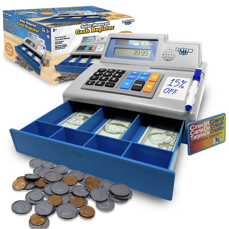 Dr. STEM: Caisse enregistreuse à énergie solaire - Jouet de jeu de rôle de 68 pièces, calculatrice de travail, sons, argent de jeu et carte de débit, enfants de 3 ans et plus