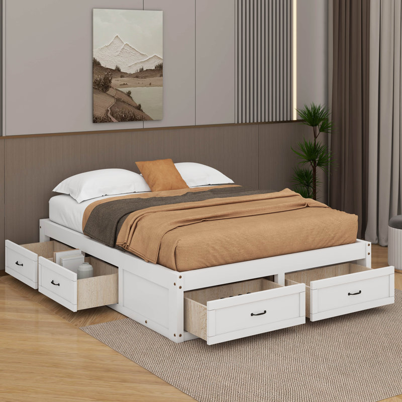 Lit plateforme avec 6 tiroirs, Blanc antique, Grand lit