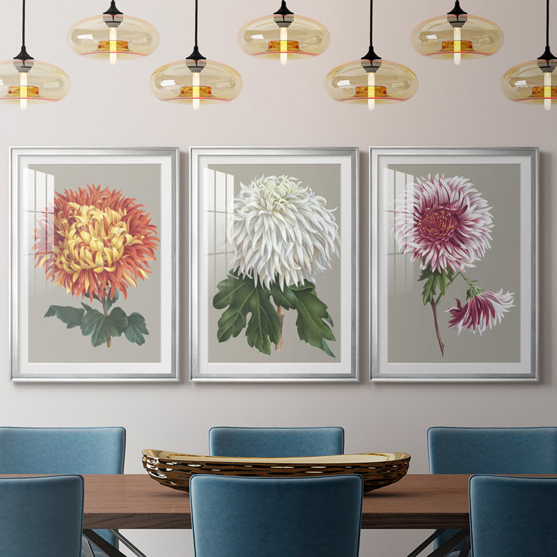 Chrysanthème sur fond gris I - Impression sur mesure encadrée de qualité supérieure - 3 pièces
