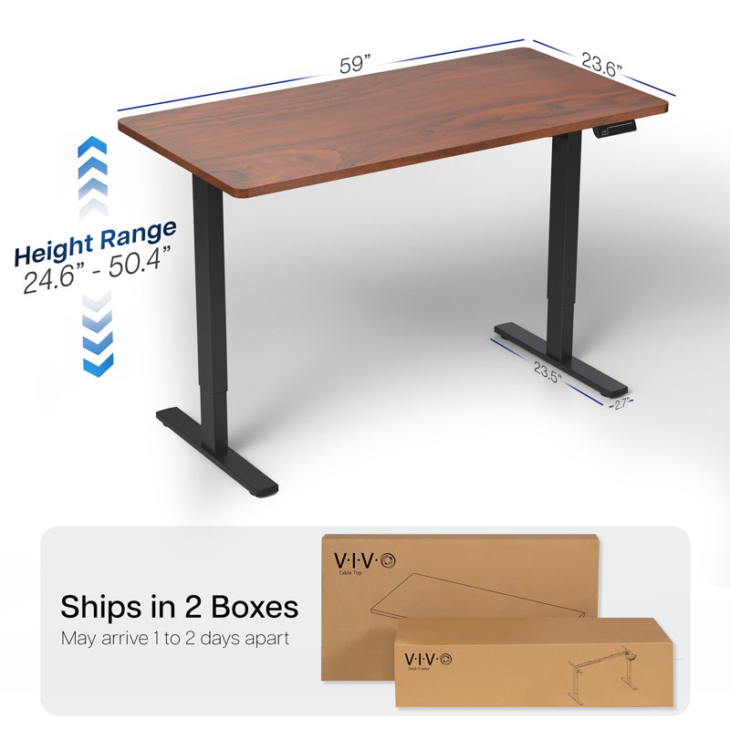 Bureau debout électrique 60 "x 24" VIVO, plateau de table en noyer foncé, structure noire, H 24,6 po x l 59 po x P 23,6 po