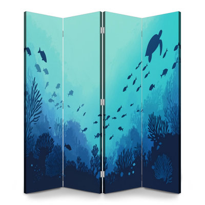 4 panneaux de paravents pliables écran bleu royal sous les poissons de mer Tortue Toile onirique séparateur de pièce Paravent de protection autoportant