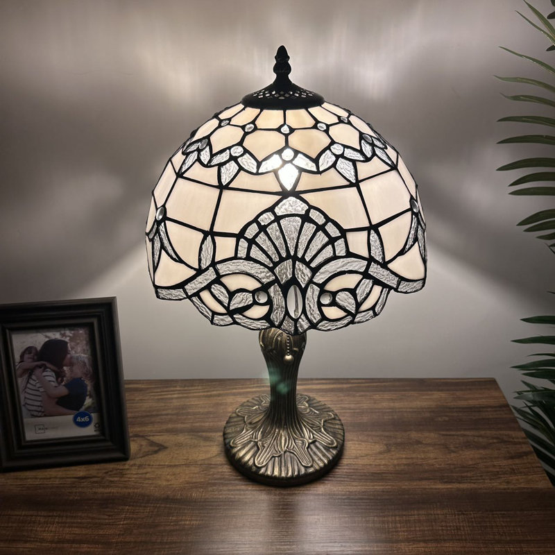 White Stained Glass Baroque Table Lamp with Bronze Base