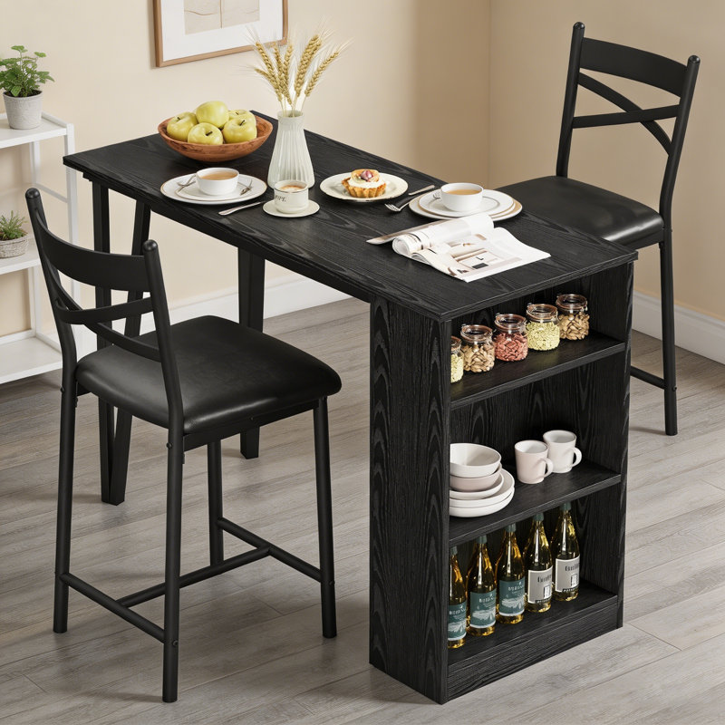 Ensemble de table de bar 3 pièces peu encombrant pour 2 tables de salle à manger à hauteur de comptoir avec rallonge, tablettes de rangement, robustes et confortables, idéal pour la cuisine ou un appartement, noir