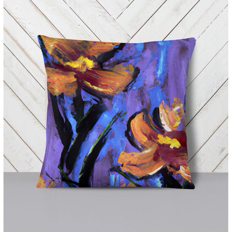 Throw Pillow With Insert, Orange/Purple Floral 5, 18"H x 18"W