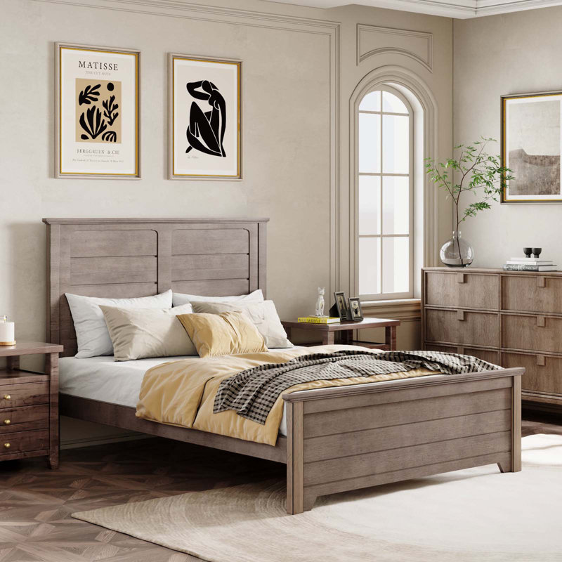 Lit plateforme moderne en bois avec tête de lit à panneau, Lit simple, Brun cendré