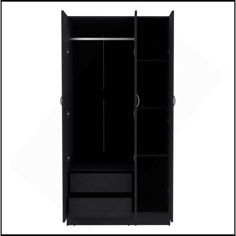 Armoire penderie H 71 po avec 3 portes et 2 tiroirs intérieurs, 3 portes, noir, Noir