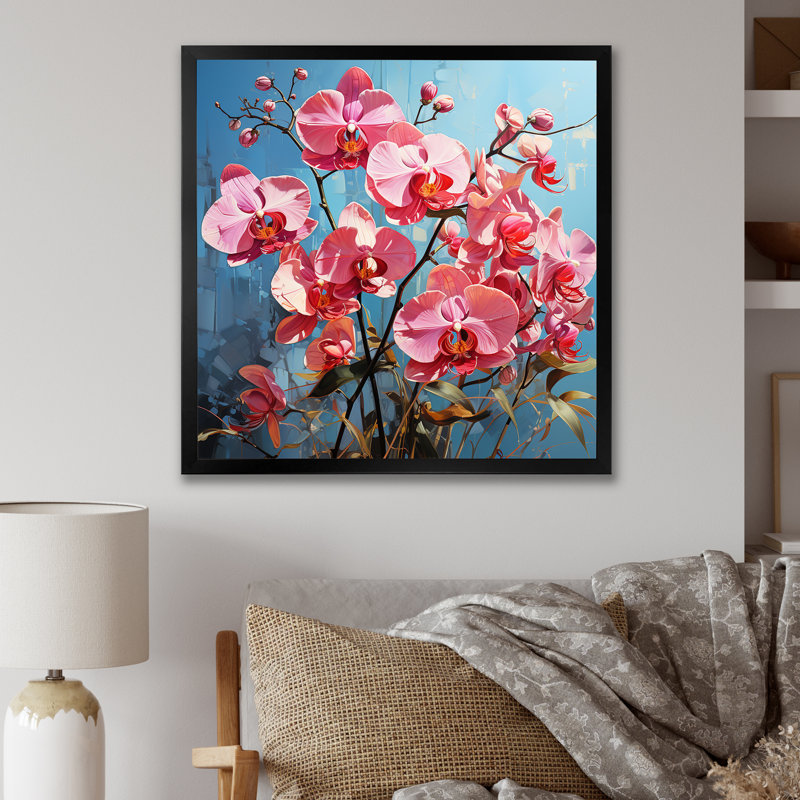 Orchidées roses néon sur toile, H 16 po x l 16 po x P 1 po, Cadre simple noir