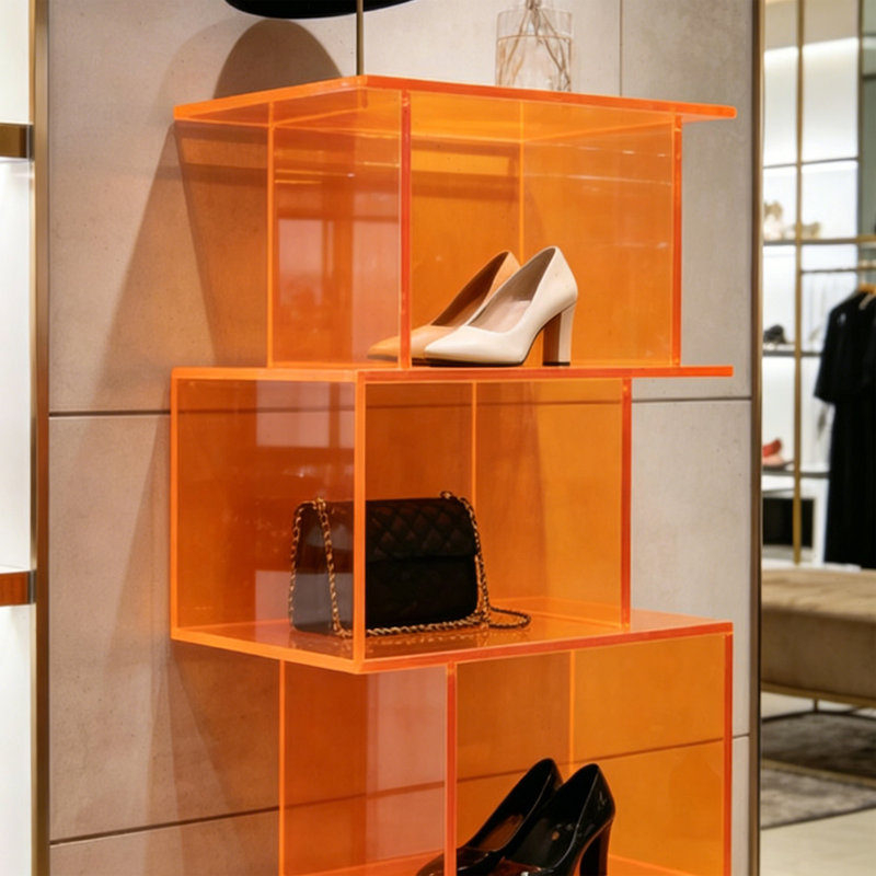 Présentoir à niveaux orange en acrylique, 47.24" H x 19.69" W x 11.81" D