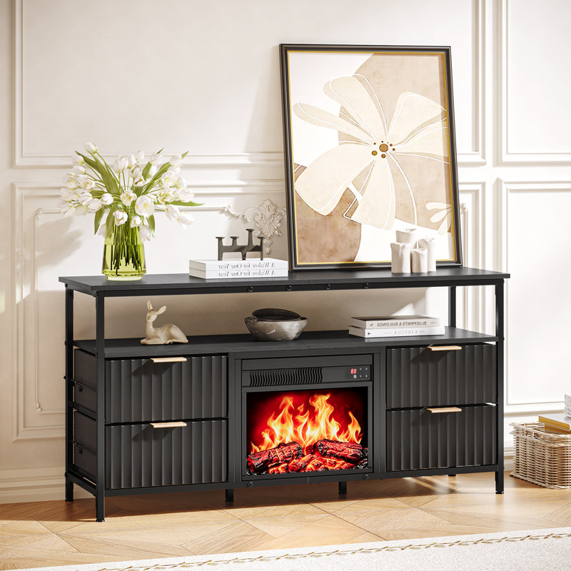 Meuble télé industriel noir de 109 cm (43 po) pour téléviseurs de 114 à 140 cm (45 à 55 po) avec foyer électrique, 4 tiroirs et tablette ouverte.