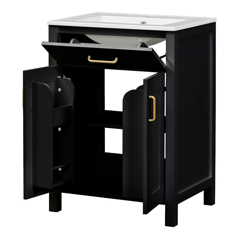 Meuble-lavabo simple 24,2 po avec plateau en céramique, Noir
