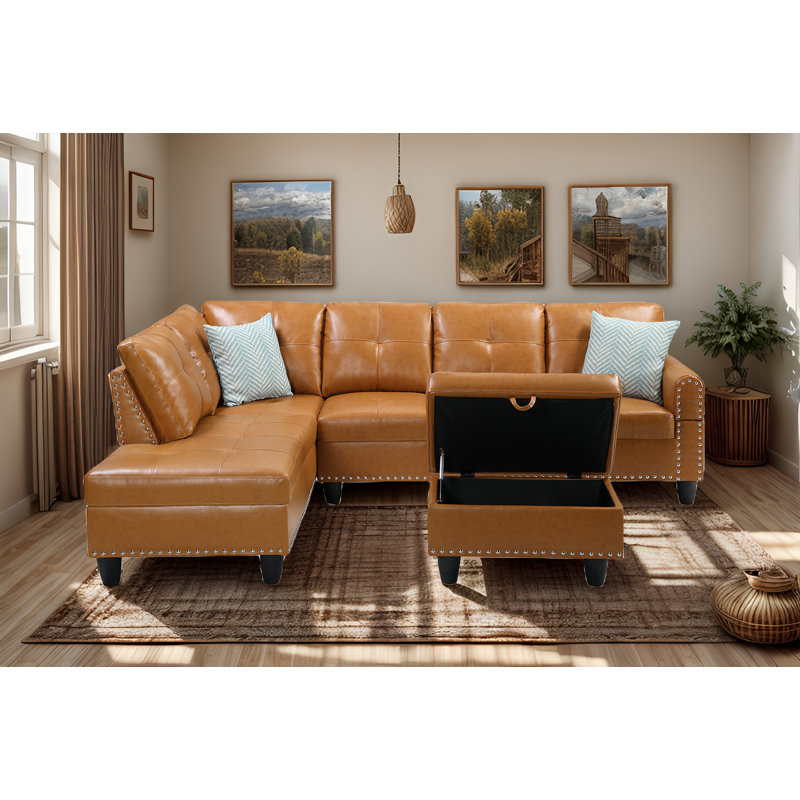 Scherer Faux Leather L-Shaped Sectional Left Hand Facing, Ginger Faux Leather