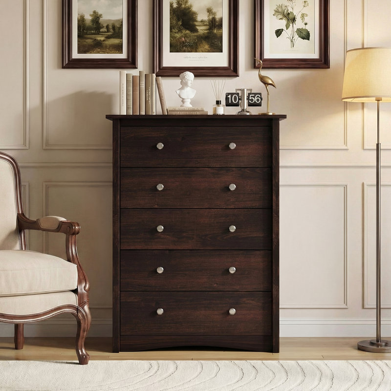 Modern 5-Drawer Dresser With Anti-Tip Kit, Tall Wood Chest For Bedroom Or Living Room Storage, Brown, 5