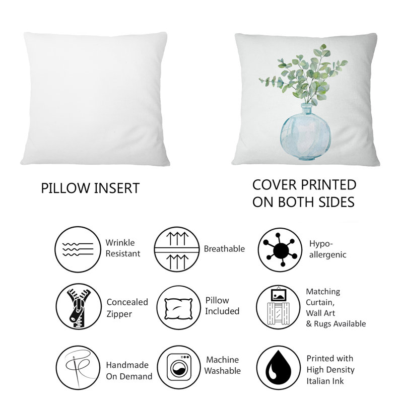 Plantes d'intérieur dans un vase en verre, branches d'eucalyptus I - Coussin décoratif traditionnel imprimé 1
