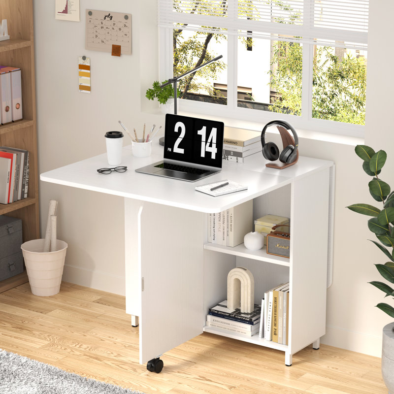 Folding Dining Table with Drawers and Cabinets, White