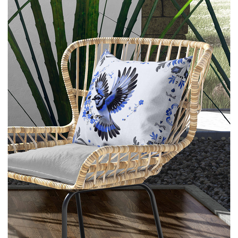 Coussin intérieur / extérieur Blaze Bird, Carré 18 po, Bleu / Noir
