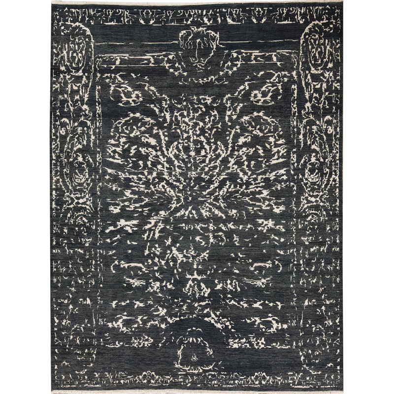 Tapis bleu foncé et argent noué à la main de haute qualité