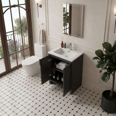 Meuble-lavabo simple autoportant de 61 cm (24 po) avec comptoir en résine imitation pierre blanche brillante, fini chêne vieilli, meuble moderne à 2 portes pour petites salles de bain, hôtels, chambres d'hôtes et propriétés.