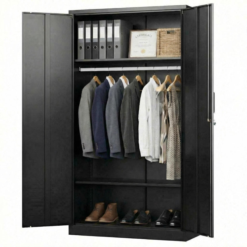 Armoire de rangement industrielle en acier noir - grande armoire en métal laminé à froid de 72 po, portes verrouillables de 0,6 mm, tablettes réglables, tringle à vêtements suspendue, casier robuste pour la maison, le garage et le bureau