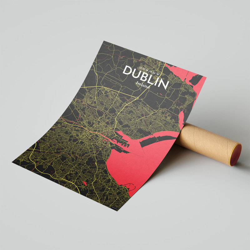 «Dublin City Map», impression de luxe, H 17 po x l 11 po, Noir / rouge / jaune