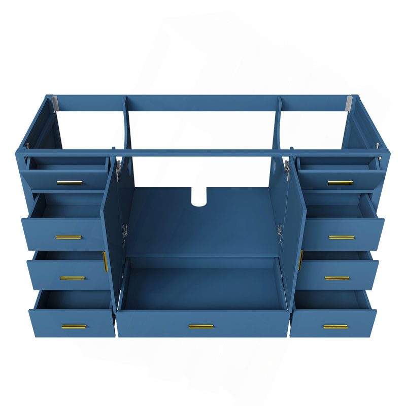 Meuble-lavabo de salle de bain de 60 pouces avec 2 portes doubles à fermeture douce, 1 grand tiroir, 6 petits tiroirs et 2 petits compartiments de rangement rabattables (bleu)