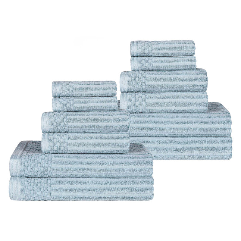 12-Piece Solid Highly Absorbent  and Checkered Border Cotton Towel Set, Slate Blue