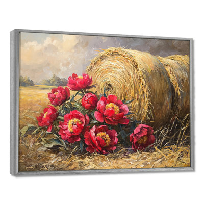 Country Charm pivoines près des balles de foin V - pivoines, art mural pour le salon