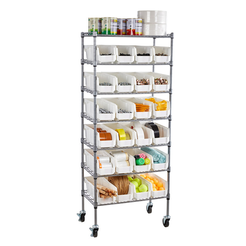 Étagère de rangement à 7 niveaux, 24 petits bacs, système de rangement en fil d'acier avec roulettes, organisateur d'outil mobile pour le garage, l'entrepôt, le bureau, le restaurant, la salle de classe, la cuisine