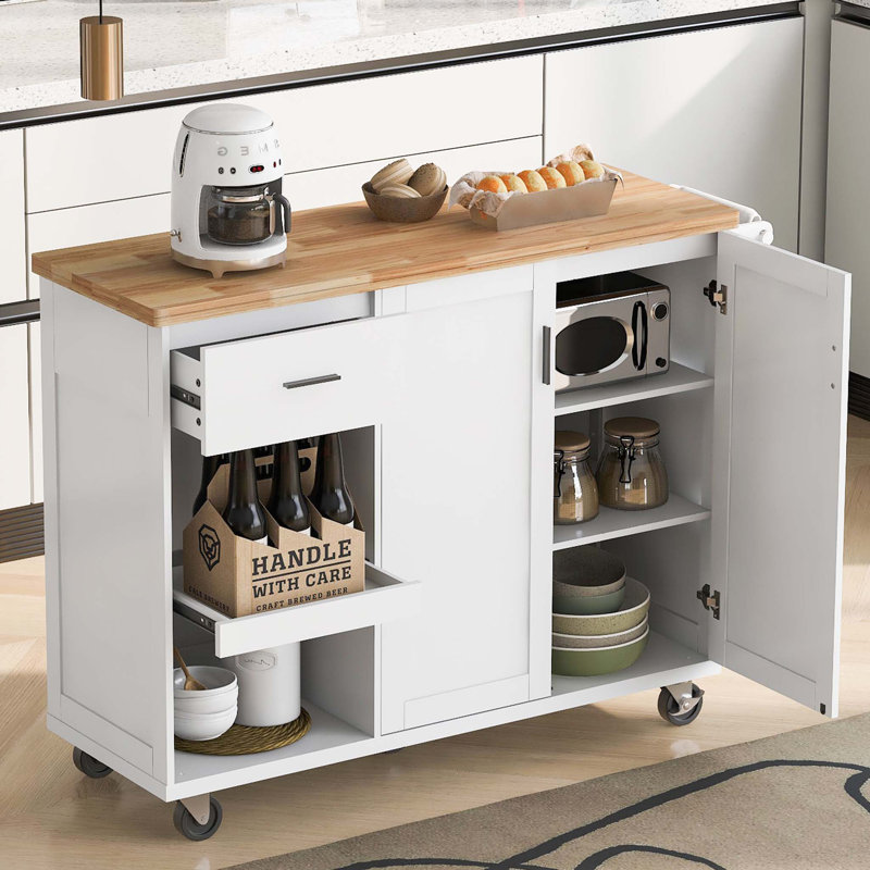 Wood Kitchen Island With Drop Leaf, Cabinet And Shelves, White