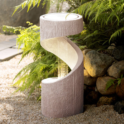 32.28" Outdoor Water Fountain,S-Shaped Spiral Column Fountain with LED Lights & Splash-Proof Net,Floor Standing Water Feature with Flat Top Plant Display for Patio, Backyard, Home Decor