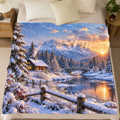 Couverture polaire imprimée d'un chalet de montagne en hiver (1 pièce) – Douce, chaude et décorative ; idéale pour la décoration intérieure, la literie et les aventures en plein air. Une idée cadeau originale. Convient également pour la literie et le canapé.